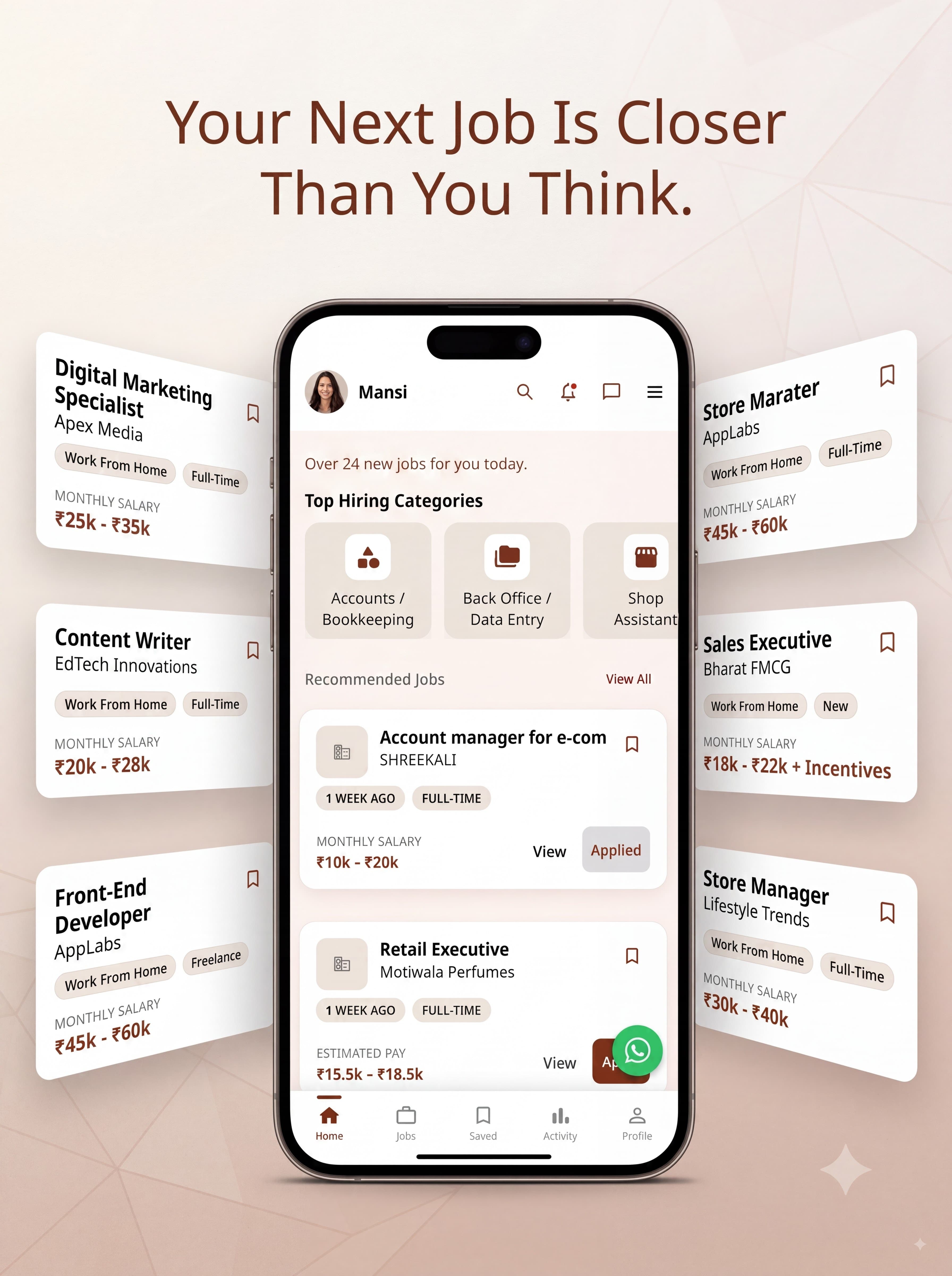 Saral Rojgar app — job discovery feed with recommended jobs
